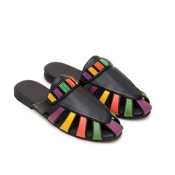 NWOB FARM Rio Sz 8.5 Rainbow Beaded Mule Vegan Tropical Vacation Boho NEW - Picture 1 of 5